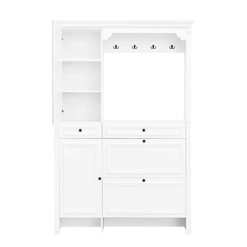 Anmytek White 54.7'' Hall Tree with Integrated Shoe Cabinet and Mirrored Cabinet Door