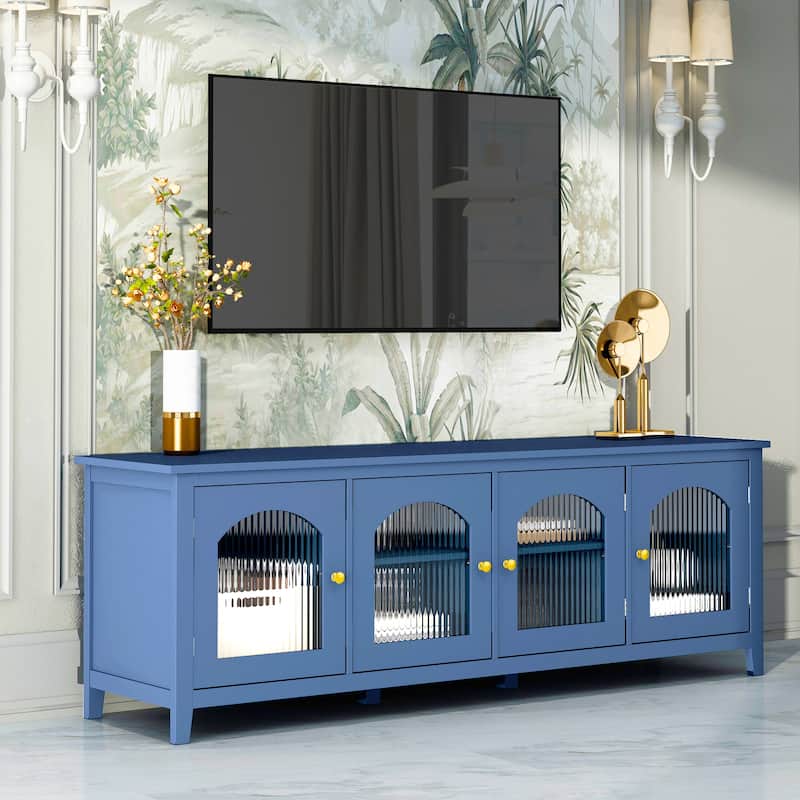 Retro Modern TV Stand with 3 Storage Cabinets and Rainbow Doors for Living Room Home Theater and Studio​ - Antique Blue