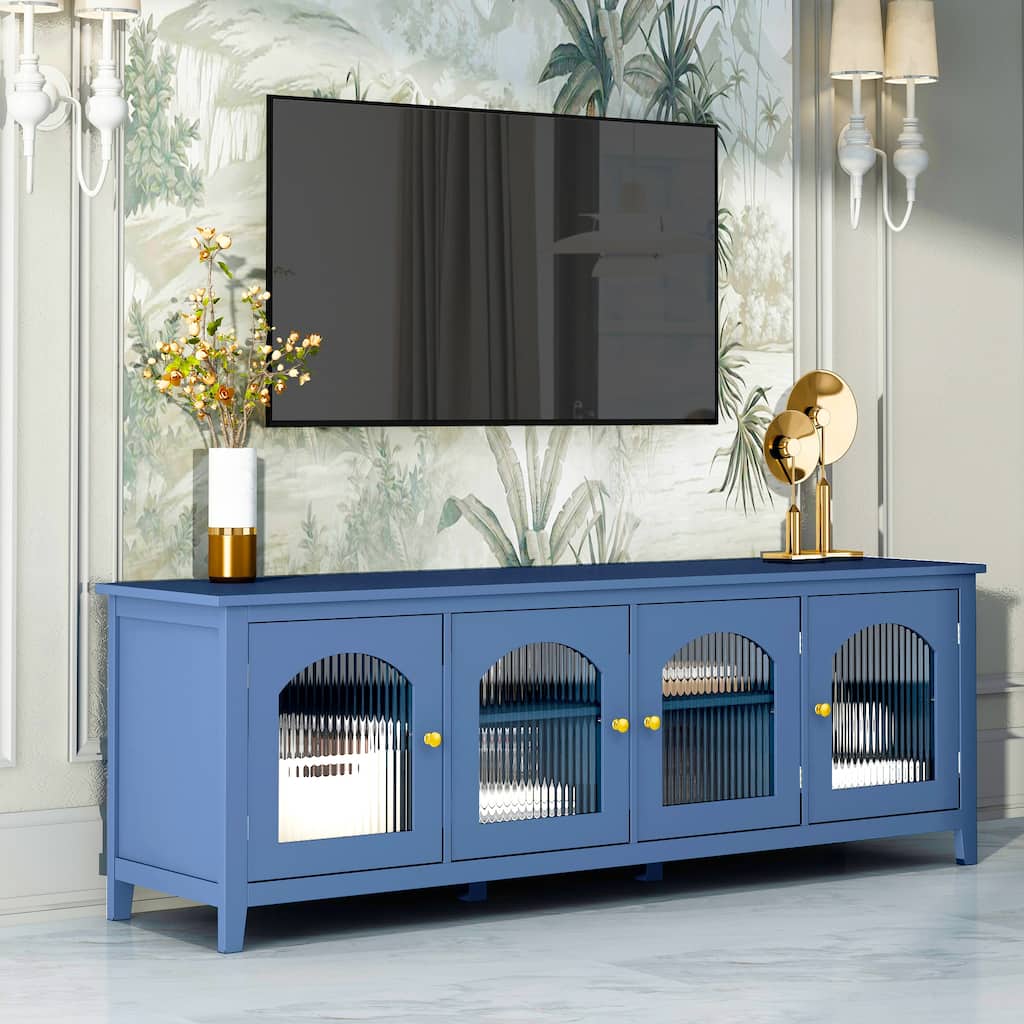 Retro Modern TV Stand with 3 Storage Cabinets and Rainbow Doors for Living Room Home Theater and Studio