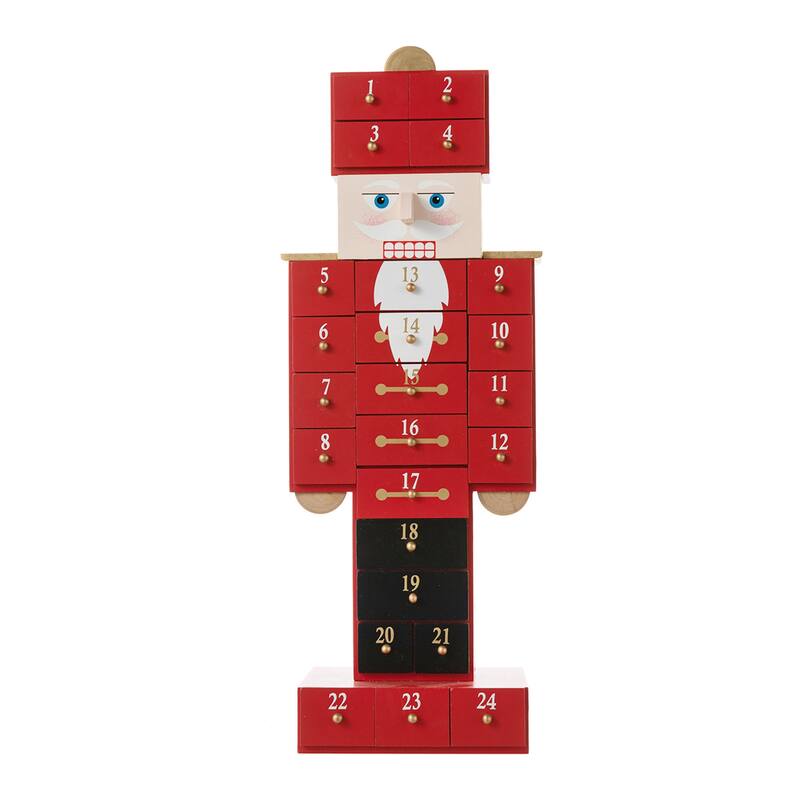 Glitzhome 17.50"H Wooden Christmas Nutcracker Countdown Calendar Decor with Drawer - Red
