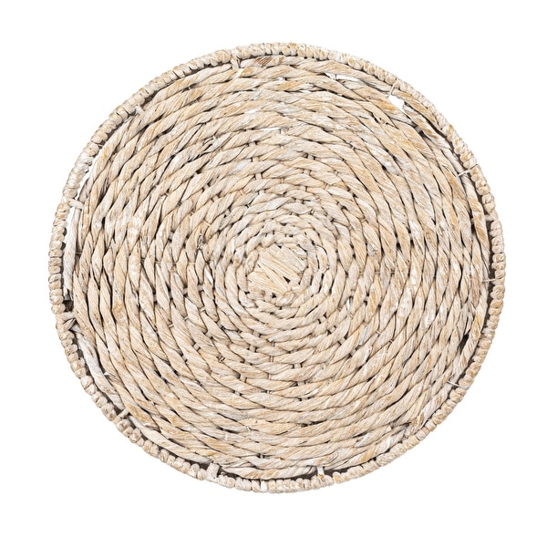 Hand-Woven Water Hyacinth Side Table, Round, Boho, Light Tone - On