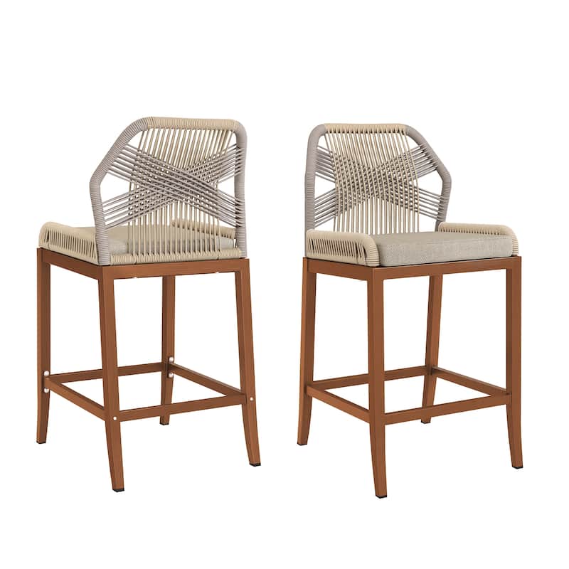 2 Set Modern Aluminum Twill Wicker Woven Outdoor Bar Stool Chair Set, Counter Height Stool with Back and Cushion - 40.6"H