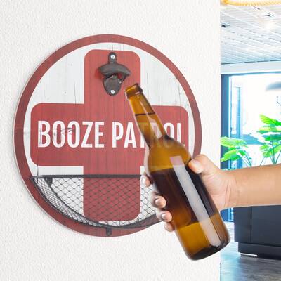 Rustic Vintage 'Booze Patrol' Bottle Opener & Cap Catcher - 14"