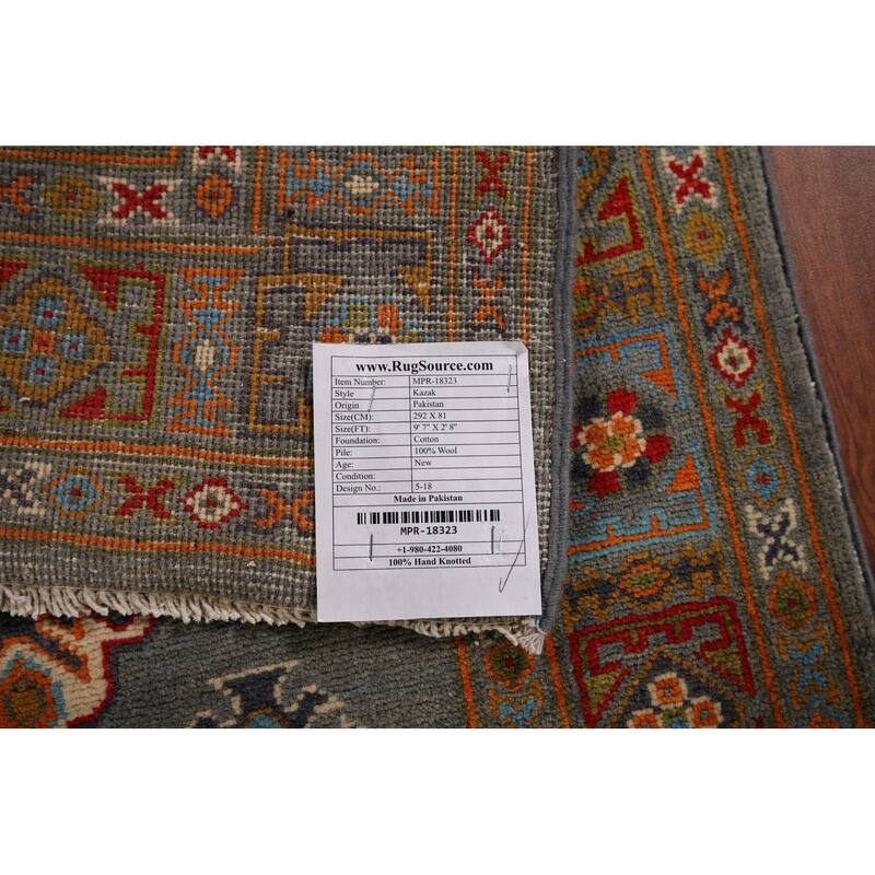 Gray Kazak Oriental Runner Rug Handmade Wool Carpet - 2'8" x 9'7"