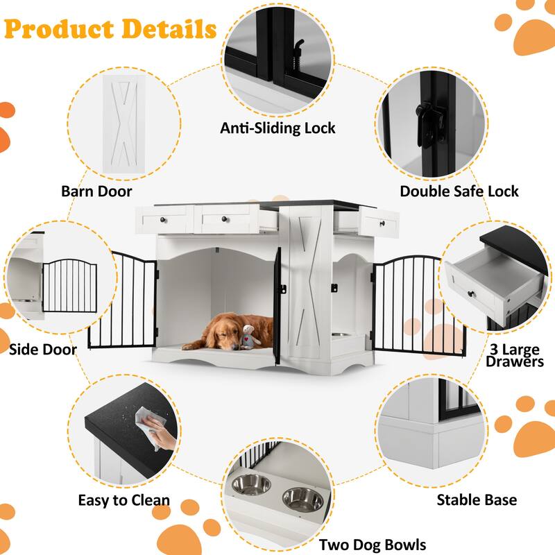 Dog Crate Furniture with 3 Drawers, Indoor Wooden Dog Kennel, Dog Cage End Table with Removable Feeder for Medium Dogs