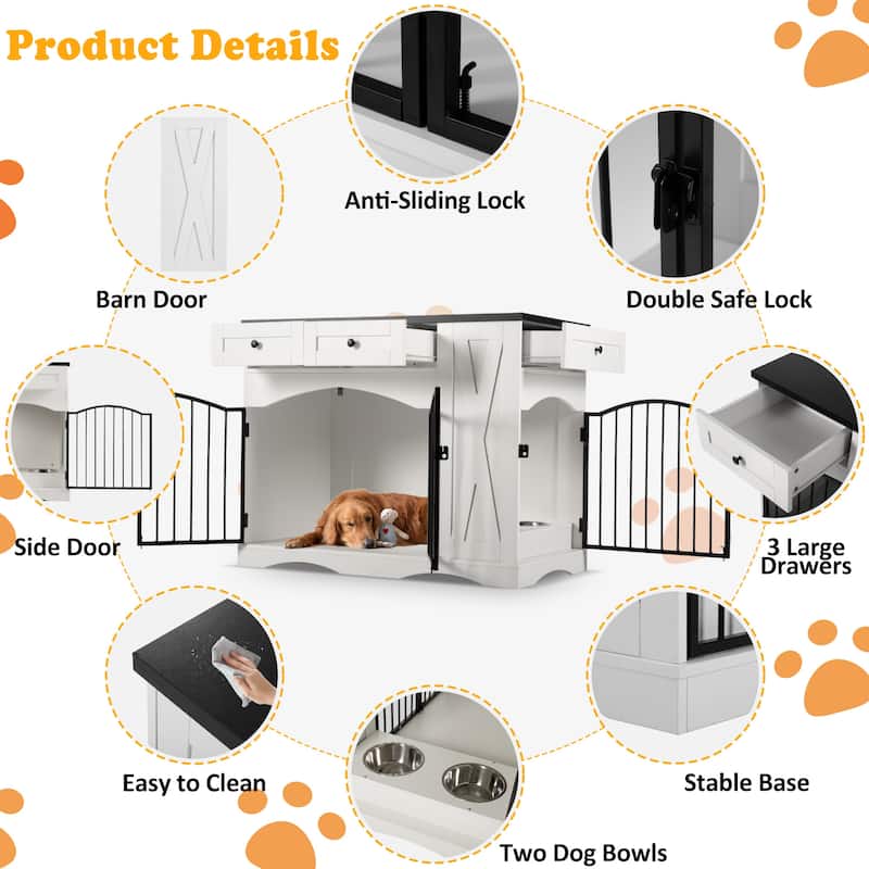Heavy-Duty Dog Crate for Medium & Large Dogs, Indoor Wooden Dog Kennel End Table, Pet Crate with 3 Drawers & Removable Feeder