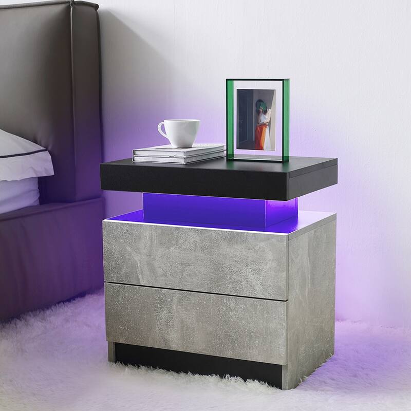 Nightstand Table with 2 Drawers, Wooden Cabinet Unit with LED Lights for Bedroom, End Table Side Table for Bedroom Living Room - Grey