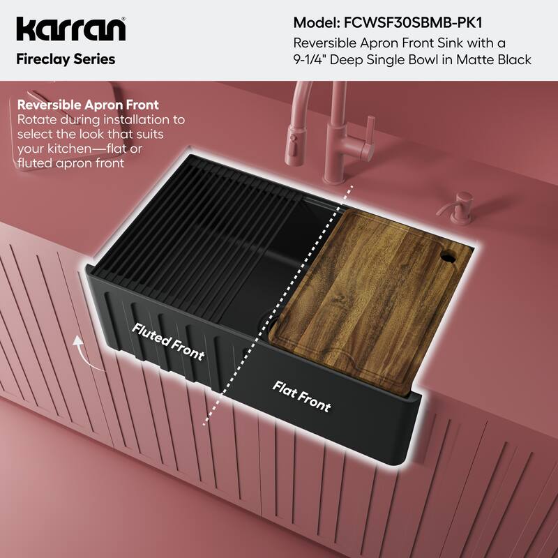 Karran 30" Single Bowl Workstation Fireclay Kitchen Sink with Reversible Fluted Apron Front