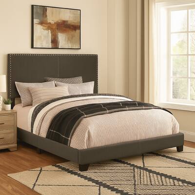 Fabric Upholstered Queen Size Platform Bed with Nail Head Trim, Charcoal Gray