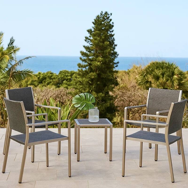 Kory Dining Chair Set of 2, Outdoor Woven Black Wicker Seat, Back, Gray