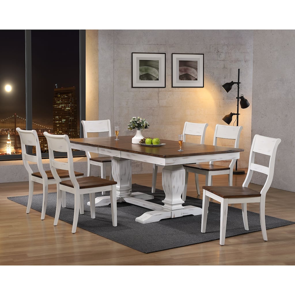 Double Transitional Pedestal Distressed White Dining 7-Piece Set