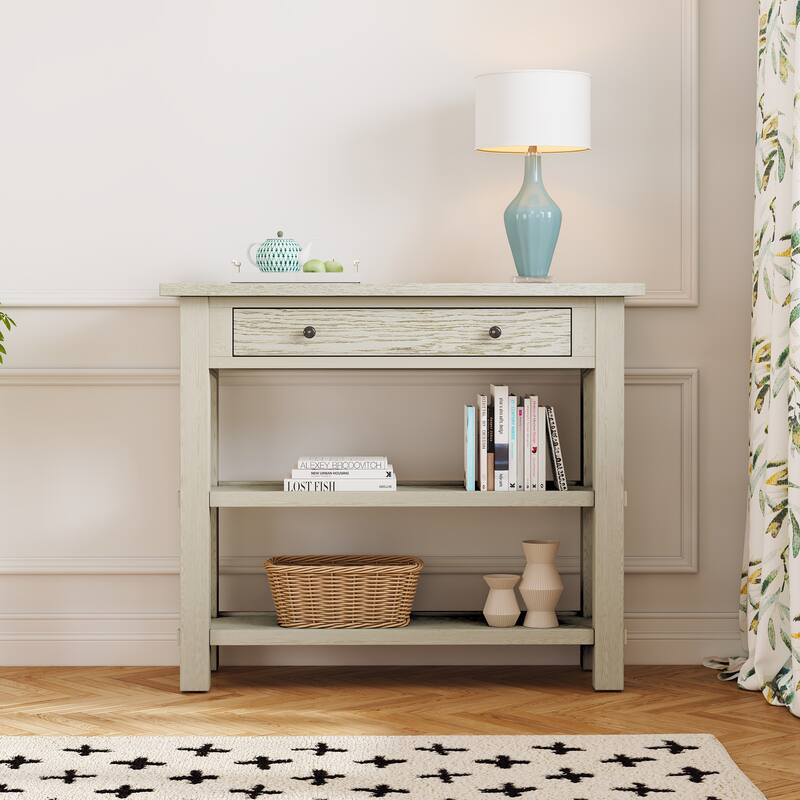 36" Retro Console Table with Drawer and Two Sturdy Shelves for Entryway or Living Room