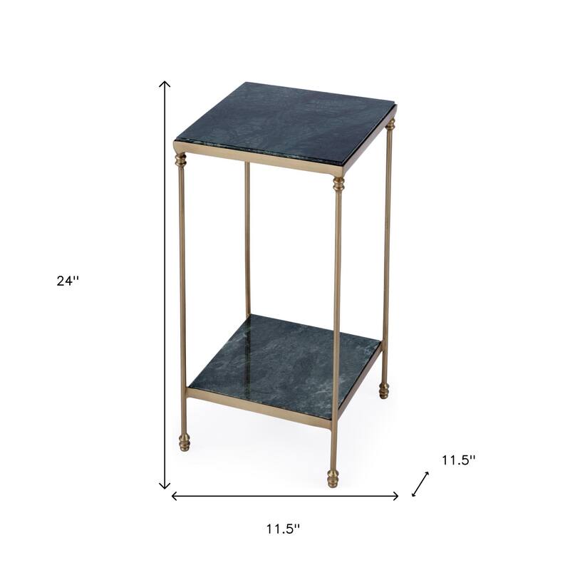 HomeRoots 24" Green and Gold Marble and Iron Square End Table With Shelf - 11.50 in. x 24.00 in. x 11.50 in.