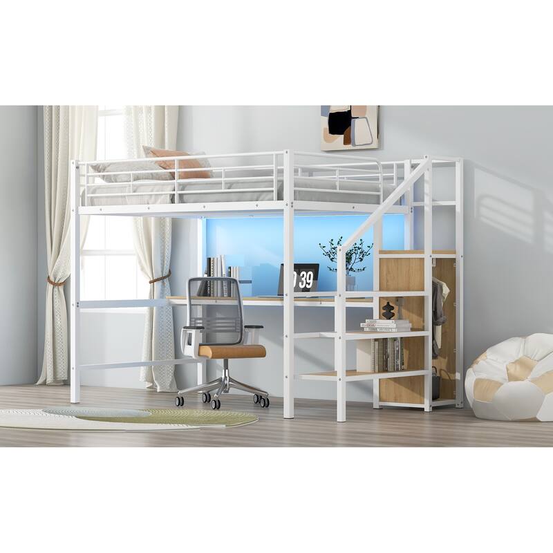 Metal Loft Bed With Desk, Storage Staircase, Small Wardrobe And Led Light