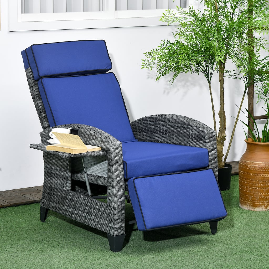 Outdoor Recliner Chair with Cushions Adjustable Hand-Woven PE Wicker Steel Frame Patio Lounge Chair with Side Tray