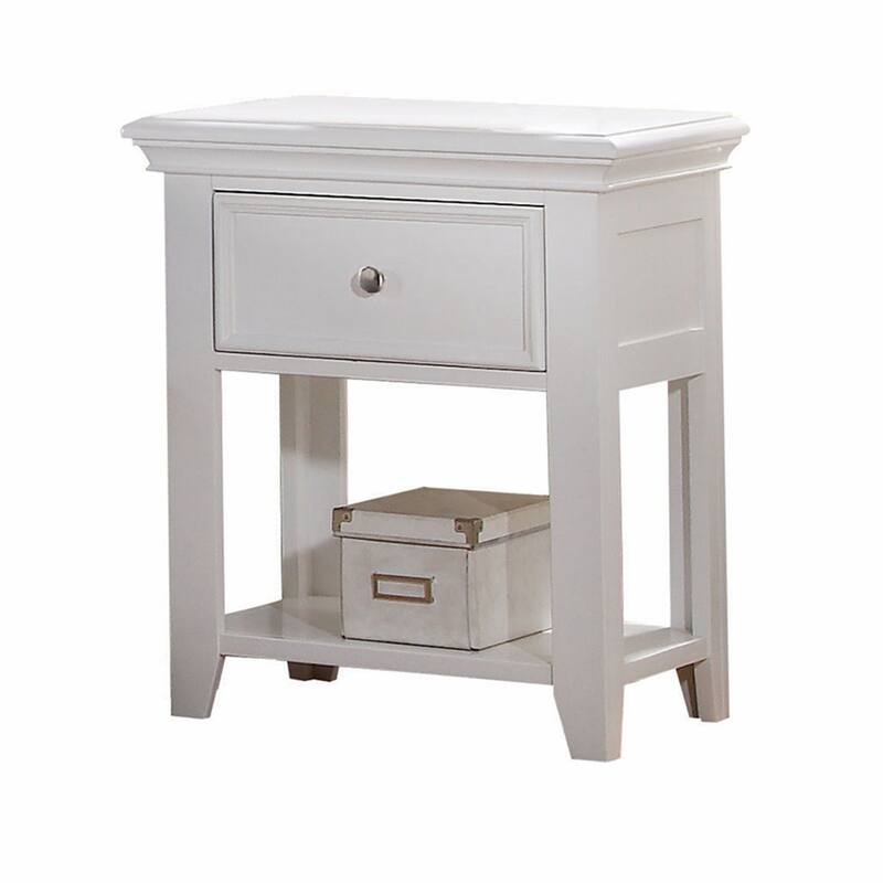 White Wood 1-Drawer Rectangular Nightstand with Shelf and Legs