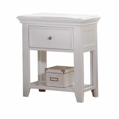 White Wood 1-Drawer Rectangular Nightstand with Shelf and Legs
