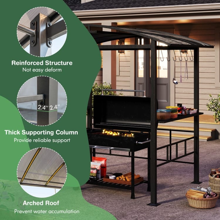Black Polycarbonate Metal Grill Gazebo with Shelves and Hooks - 96 x 60 x 91.2 in.