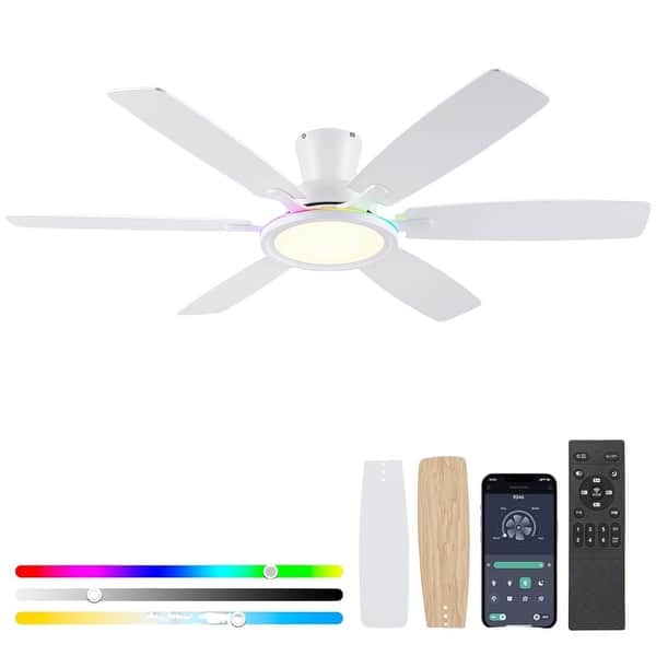 slide 2 of 8, 52" and 54" Flush Mount Low Profile Ceiling Fan with Light,Remote and App Control for Bedroom Living Room Patio 54 Inches - White RGB
