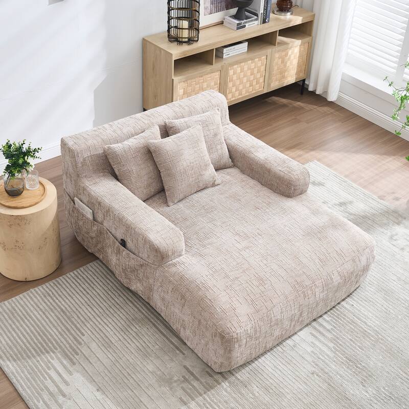 Chenille Lazy Sofa Chaise Lounge with Pillows - Convertible Armchair with Armrests, Multi-Position Sleeper for Living Room