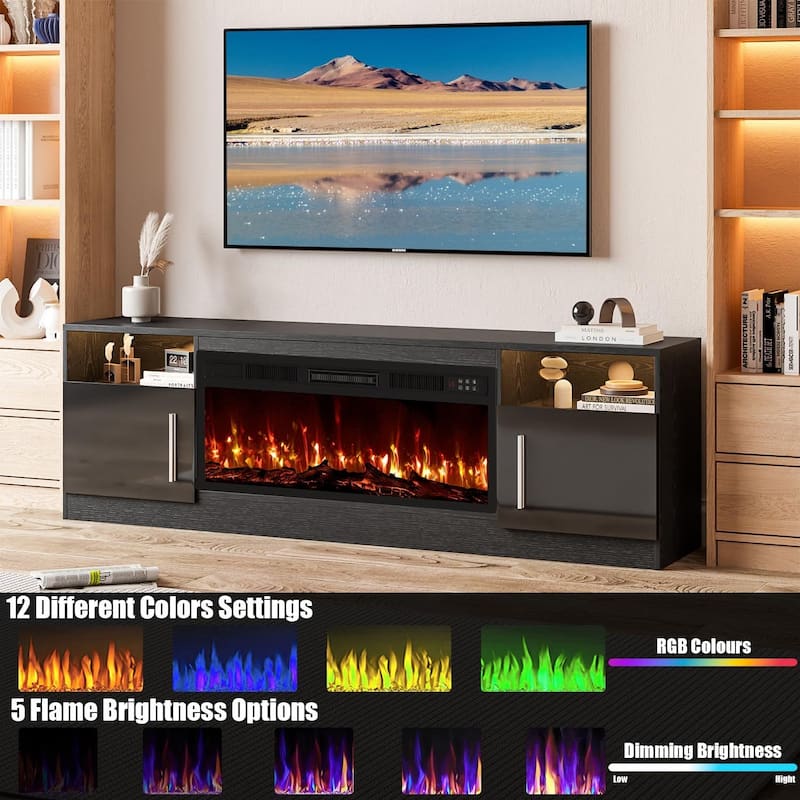 Bossin 70" Fireplace TV Stand with 36" Electric Fireplace, TV Stand for TVs Up to 80", 20 Colors LED Lights/Entertainment Center