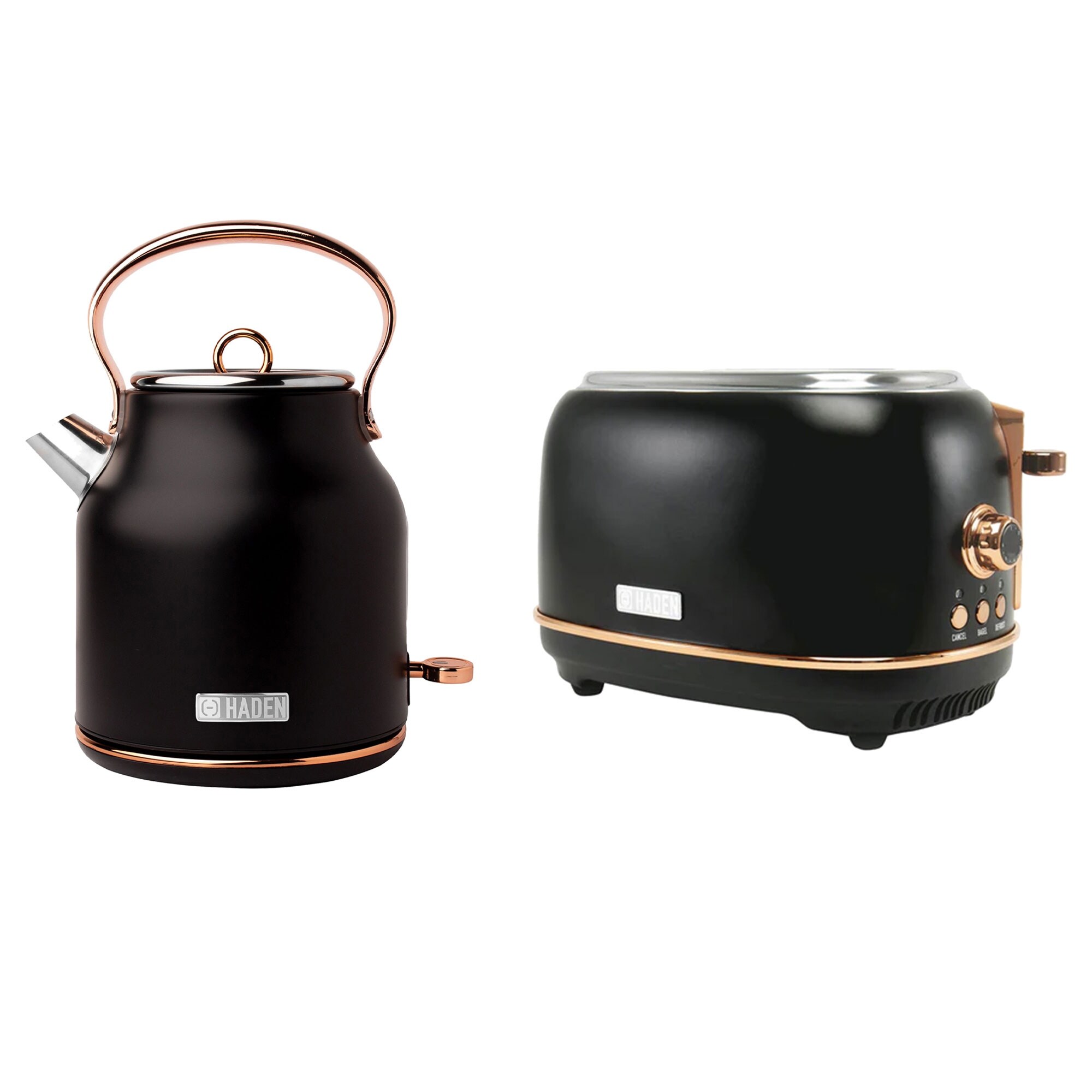 Haden Heritage Electric Water Kettle 2 Slice Wide Slot Toaster Black Copper 2.8
