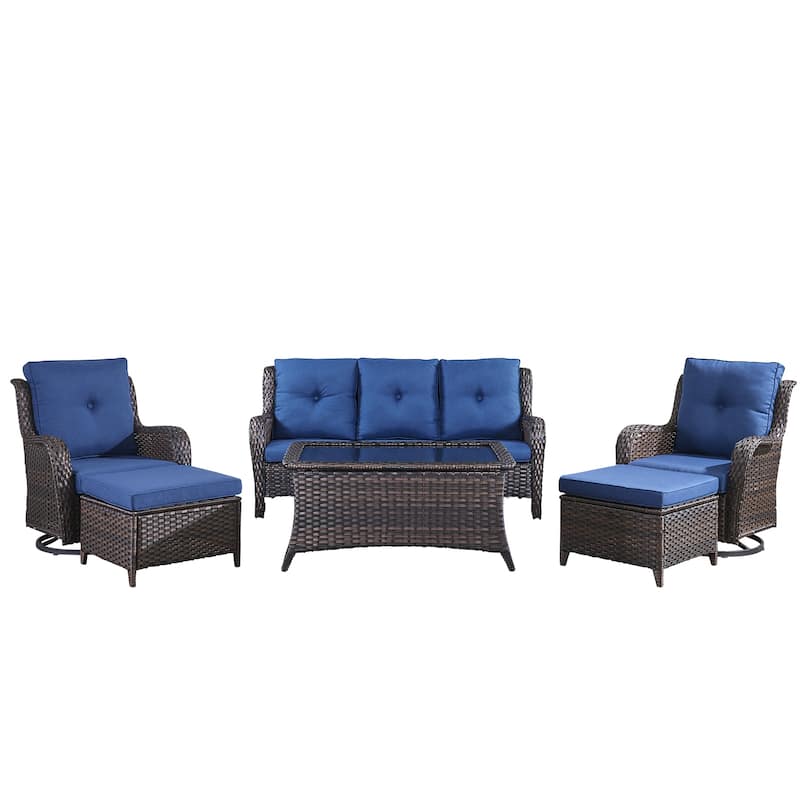 Pocassy Outdoor 6 Pieces 3-Seat Sofa Swivel Chairs Table Ottoman