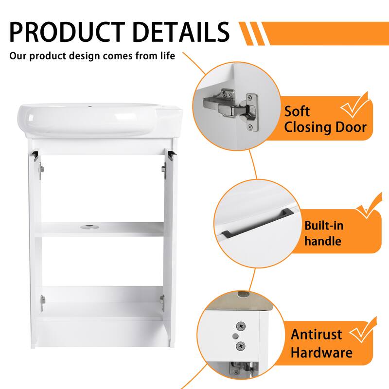 Bathroom Vanity With Sink In 16/18/23 Inch, Floating/Freestanding Bathroom Vanity With Soft Close Door