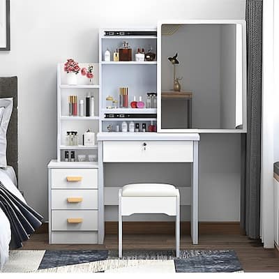 Vanity Dresser with Mirror and Stool Set Storage Drawers Luxury Furniture