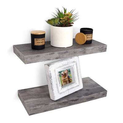 Farmhouse 16" Rustic Grey Wall Mounted Floating Shelves, Wooden Storage Rack, Set of 2