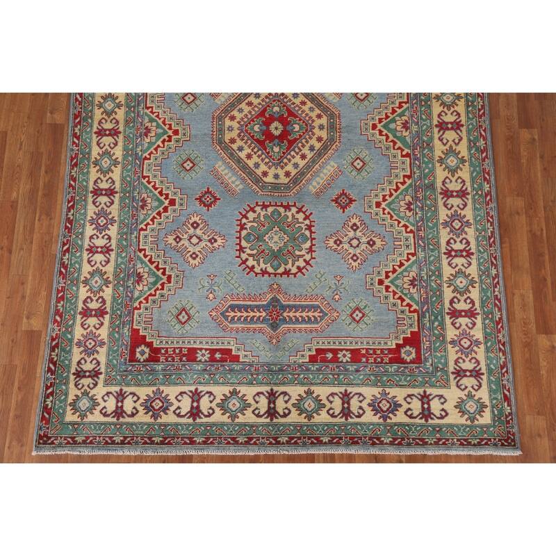 Hand Knotted Oriental 100% Wool Carpet Traditional Geometric Navy Blue & Blues Kazak Area Rug - 9' 9'' X 6' 6''