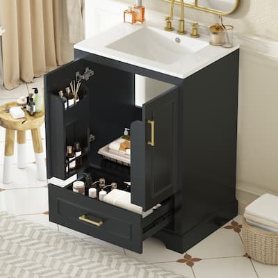 24" Bathroom Vanity with Sink - MDF/Solid Wood, 1 Drawer & 2 Soft-Close Doors with Storage Racks