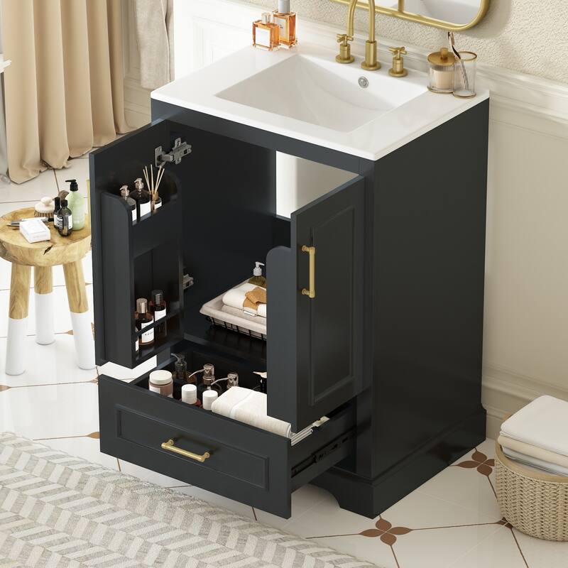 24"Bathroom Vanity with Sink, 1 Divided Drawer and 2 Soft Close Doors with Dual Door Storage Racks, Freestanding Vanity