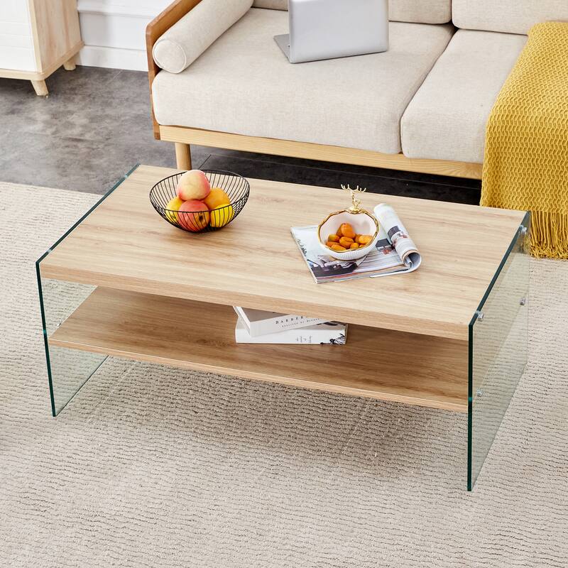 Double Layered Rectangular Coffee Table, Made Of MDF With Wooden Stickers, With Transparent Tempered Glass On Both Side - Natural