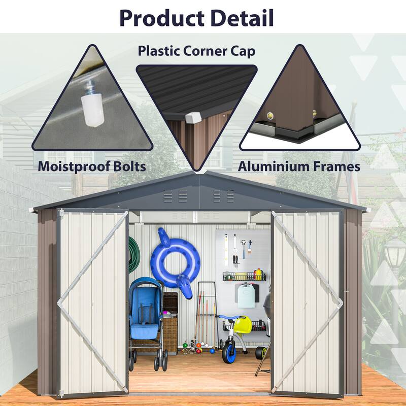 10x10 FT Outdoor Storage Shed, Utility Metal Tool Storage with Lockable Doors and Updated Frame Structure, Large Metal Shed