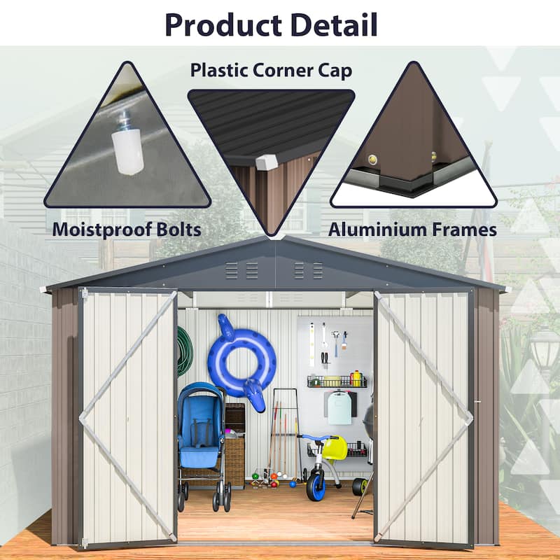 GDFStudio - Cassandra Large 10 x 10 FT Outdoor Metal Storage Shed with Lockable Doors