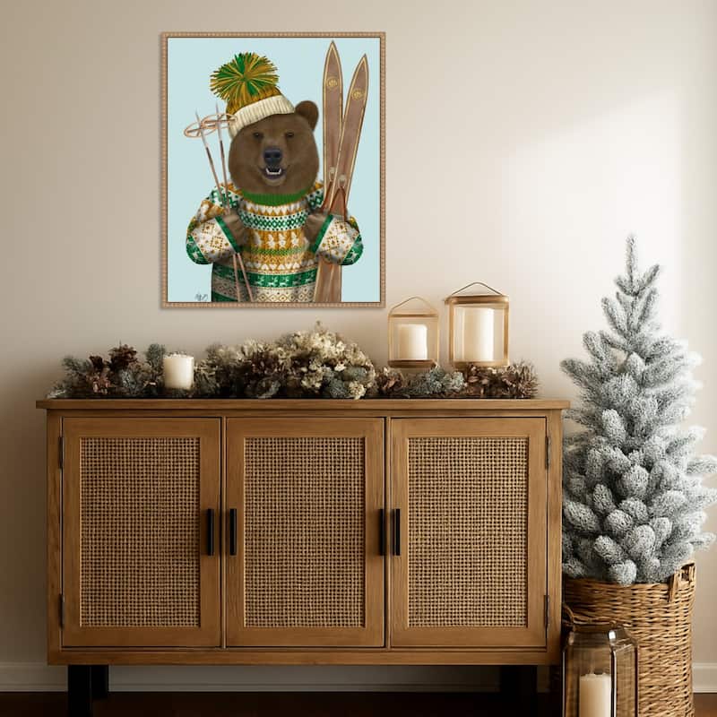 Bear in Christmas Sweater by Fab Funky (23 x 28 in.), Framed Canvas Wall Art Print - Sylvie Beaded Rustic Natural