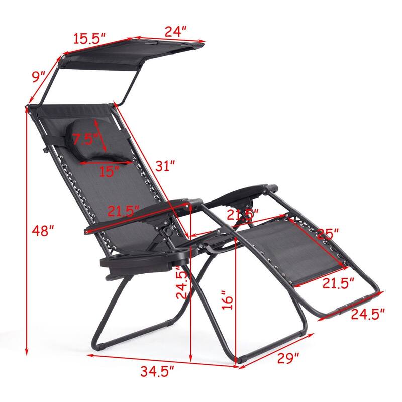 Outdoor Folding Recliner Lounge Chair with Sun Shade, Canopy, and Cup Holder- Black