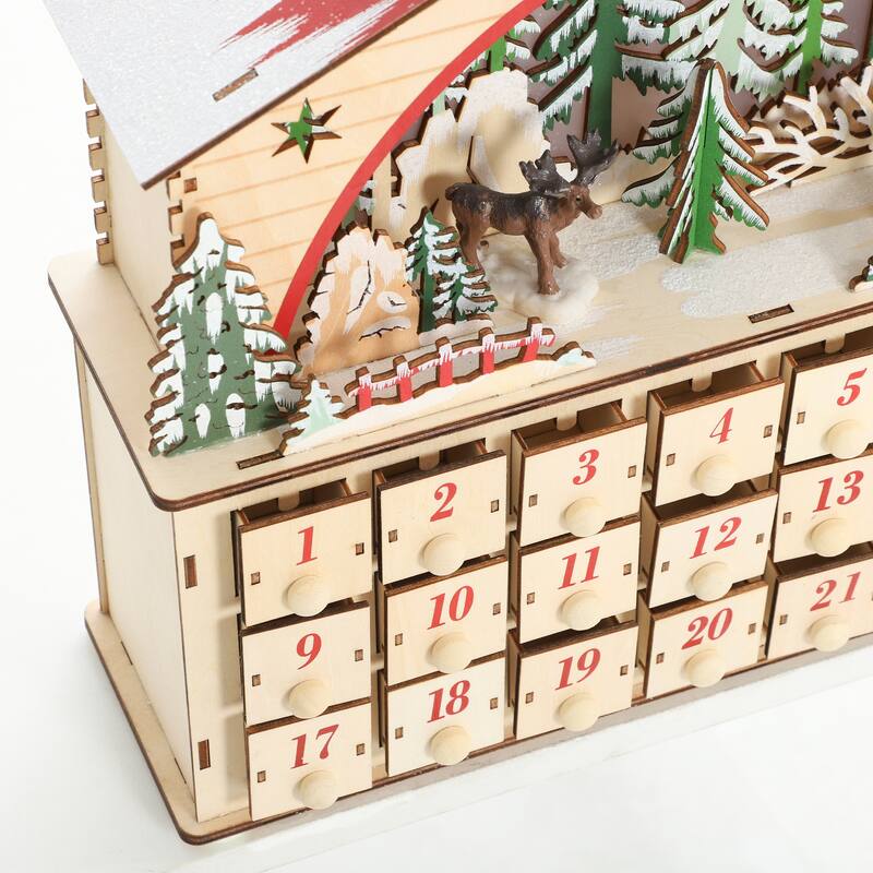 HOMCOM Christmas Advent Calendar with 24 Drawers, Reusable Lighted Wooden Countdown to Christmas Calendar with Village Scene