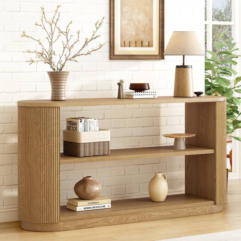 Slim Sofa Console Table 3 Tiers Narrow Long Entryway Table with Open Storage Shelf, Behind Couch Console for Hallway Living Room - Natural