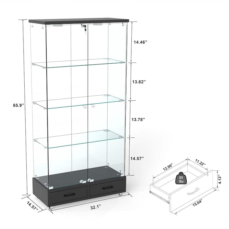 65.9" Modern Glass Display Cabinet with LED Lights, 2 Lockable Drawers & 4 Shelves, Curio Storage Case