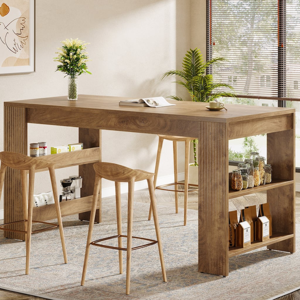 63 Inch Bar Table, Counter Height Pub Table with Storage Shelves
