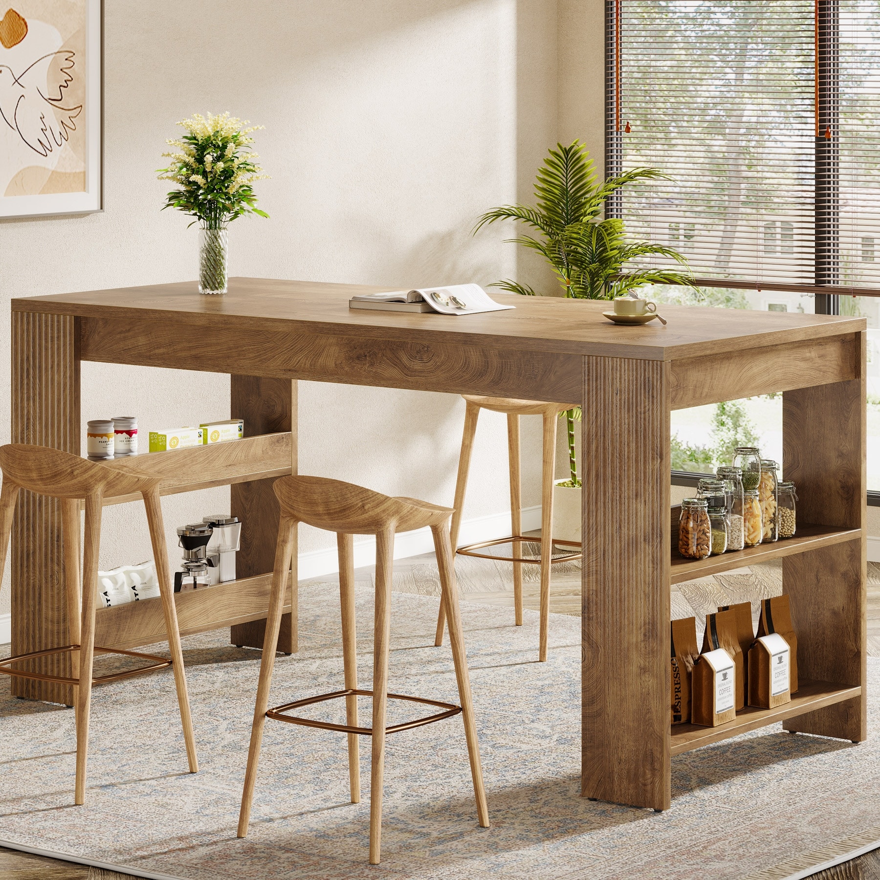 63 Inch Bar Table, Counter Height Pub Table with Storage Shelves