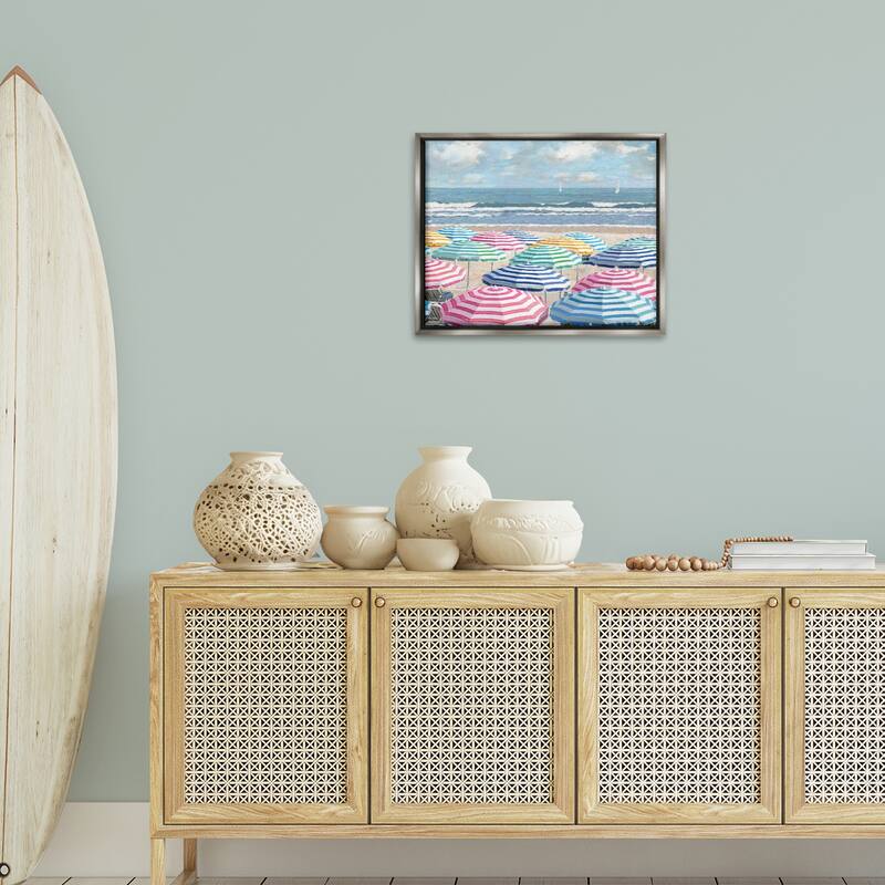 Stupell Shore with Bright Umbrellas Framed Floater Canvas Wall Art Design By Amber Sterling