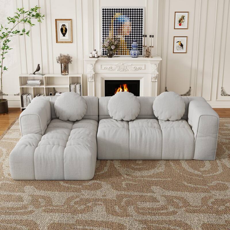 Modern upholstered combination sofa set,fully compressed modular L-shaped combination with 3 pillows,free combination sofa - Off White
