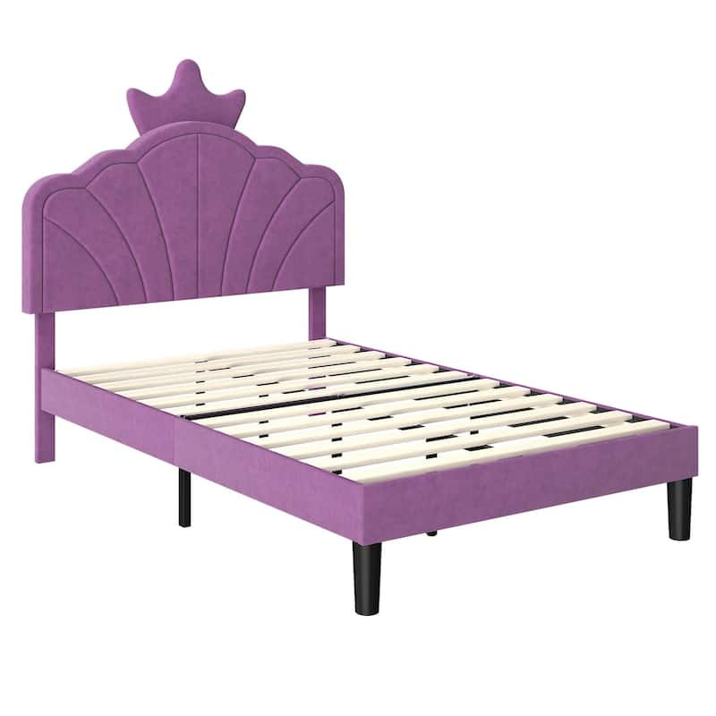 Javlergo Twin Size Platform Bed Frame with Crown Headboard Adjustable Height Upholstered Princess Bed for Kids