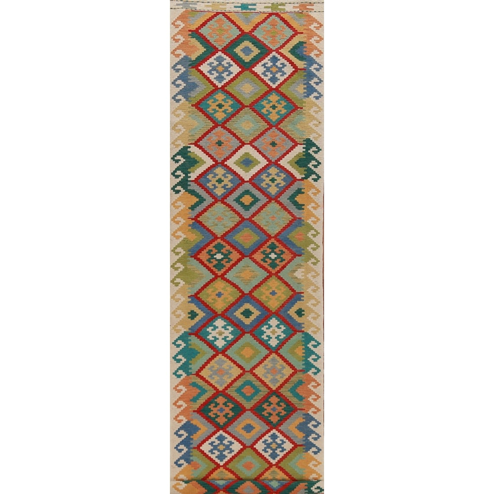 Hand Woven Oriental 100% Wool Carpet Southwestern Geometric Multi-Colored Kilim Runner Rug - 16' 2'' X 2' 9''