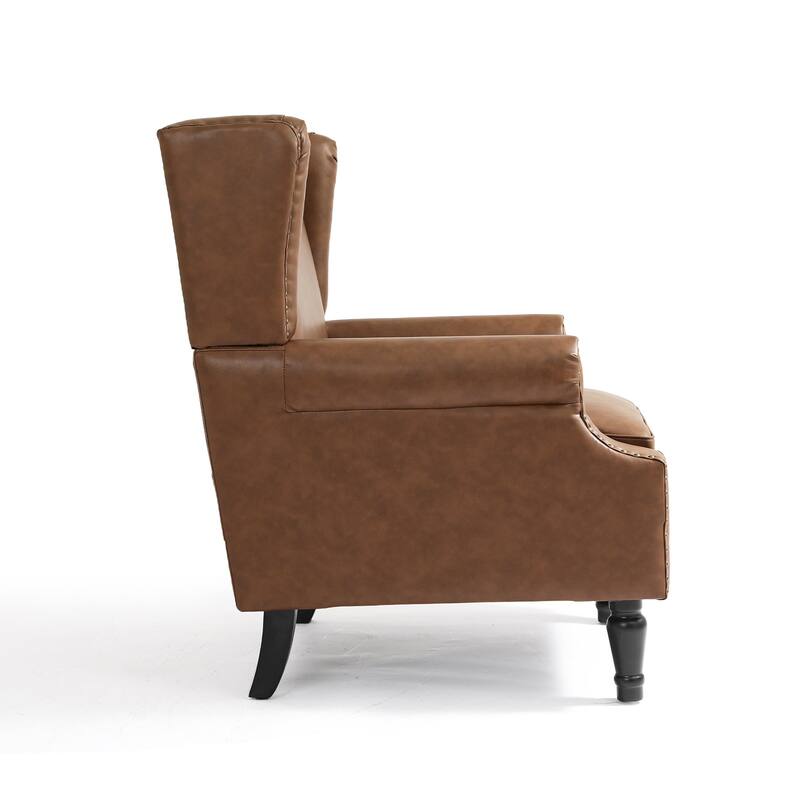 Mid-Century Modern Linen/ Vegan Leather Wing Back Accent Chair