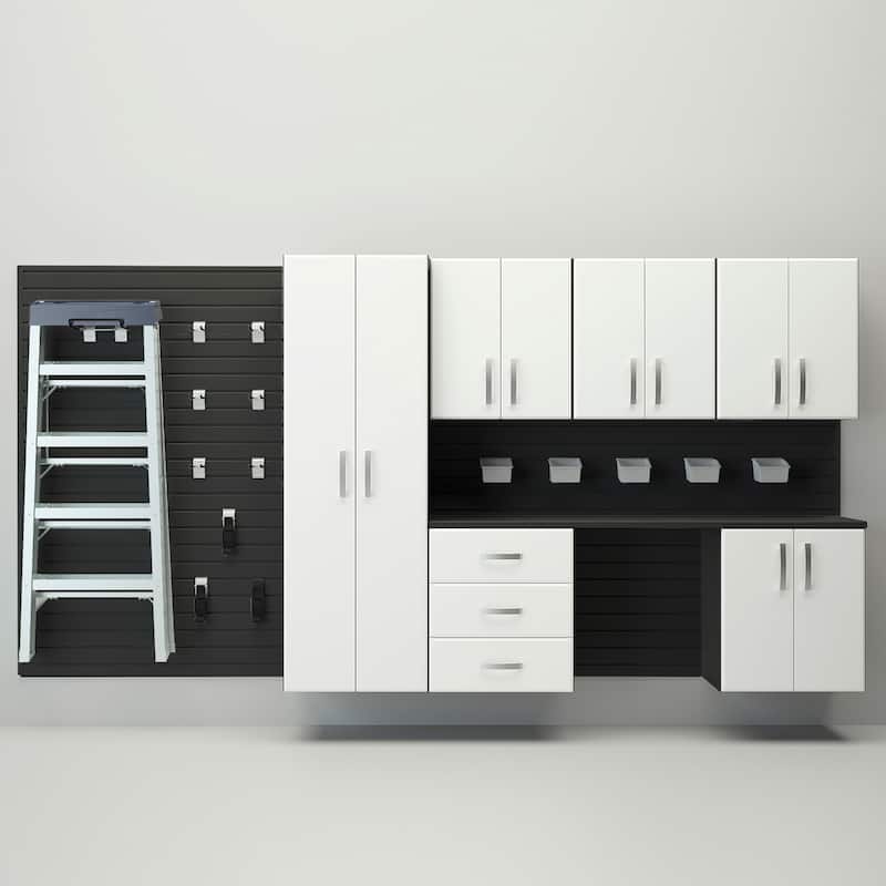 Flow Wall 24 Piece PVC Indoor Deluxe Cabinet Storage Set - Black Slatwall / White Cabinets