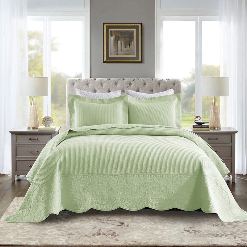 MarCielo 3 Piece Embroidered 100% Cotton Oversized Quilt Bedspread Set TG - Active Green - Queen